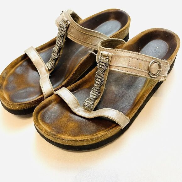 NAOT Malibu T-Strap Sandals Womens 38/US 7-7.5 Leather Adjustable Beaded Slides - Picture 1 of 8